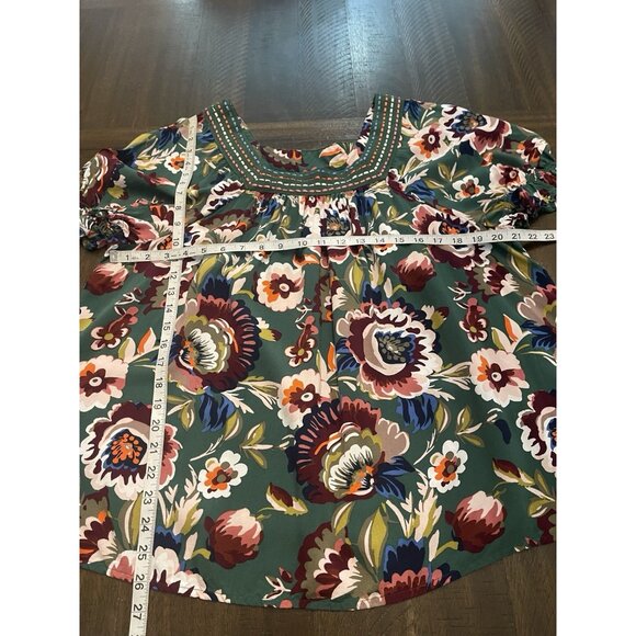 Style & Co Floral Boho Peasant Top XL Green Puff Sleeve Embroidered Neckline - Picture 4 of 8